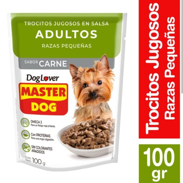 TROCITOS JUGOSOS EN SALSA SABOR CARNE MÁSTER DOG 100 GR.